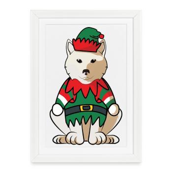 Kishu chien elfe de Noël costume elfe mignon - Affiche encadrée (27 × 37 cm) - blanc - Devant