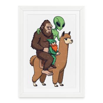 Alien elfe Sasquatch sur Lama - Affiche encadrée (27 × 37 cm) - blanc - Devant