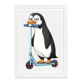 Amitié de dessin animé Penguin Scooter mignon - Affiche encadrée (27 × 37 cm) - blanc - Devant