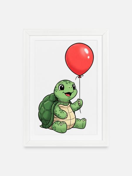 Turtle Kids T-Shirt mit rotem Ballon – Schildkröte - Gerahmtes Poster (27 × 37 cm) - Weiß