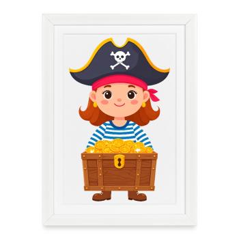 Petit Boucanier avec un trésor – Personnage de bande dessinée Kawaii - Affiche encadrée (27 × 37 cm) - blanc - Devant