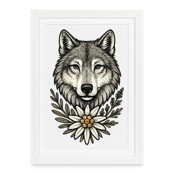 Tête de loup avec couronne de fleurs - Affiche encadrée (27 × 37 cm) - blanc - Devant