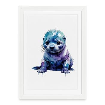 Bébé de phoque aquarelle Violet bleue - Affiche encadrée (27 × 37 cm) - blanc - Devant