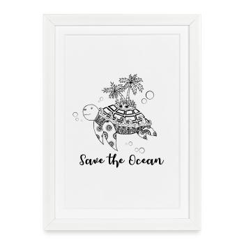 Save the Ocean - Tortue avec l’île - Affiche encadrée (27 × 37 cm) - blanc - Devant