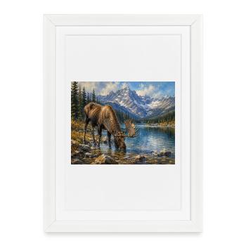 Alpine Moose by Mountain Lake - Framed poster (27 × 37 cm) - white - Front
