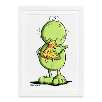 Frog feeds Pizza I Pizza Food - Framed poster (27 × 37 cm) - white - Front