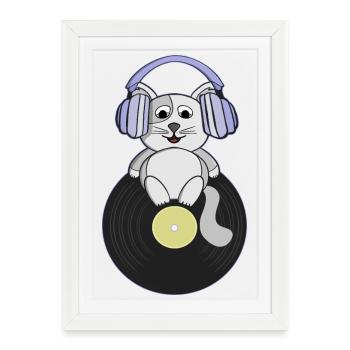 Chaton nostalgique qui aime les disques vinyles - Affiche encadrée (27 × 37 cm) - blanc - Devant