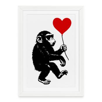 Singe avec ballon coeur rouge - Affiche encadrée (27 × 37 cm) - blanc - Devant