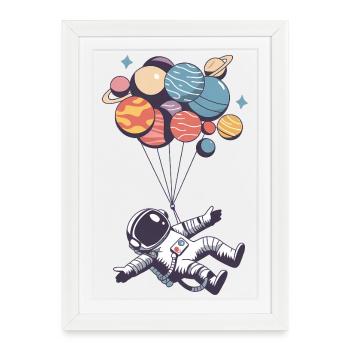 Astronaute flottant avec des ballons, drôle d'amoureux de l'espace - Affiche encadrée (27 × 37 cm) - blanc - Devant