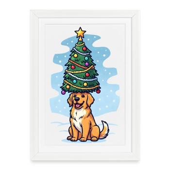 Chien avec arbre de Noël Design - Affiche encadrée (27 × 37 cm) - blanc - Devant