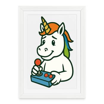 Mascotte joueuse licorne mignonne avec joystick - Affiche encadrée (27 × 37 cm) - blanc - Devant