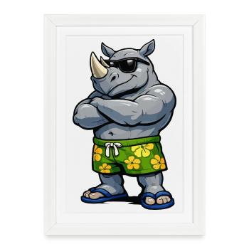 Rhinocéros avec short hibiscus - Affiche encadrée (27 × 37 cm) - blanc - Devant