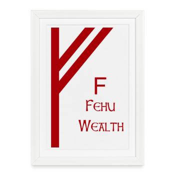 Fehu Rune Complete Red – Viking Futhark Norse - Affiche encadrée (27 × 37 cm) - blanc - Devant