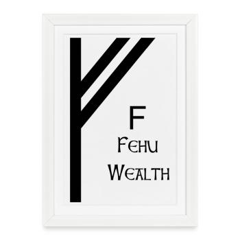 Rune Fehu Noir Complet – Futhark Viking - Affiche encadrée (27 × 37 cm) - blanc - Devant