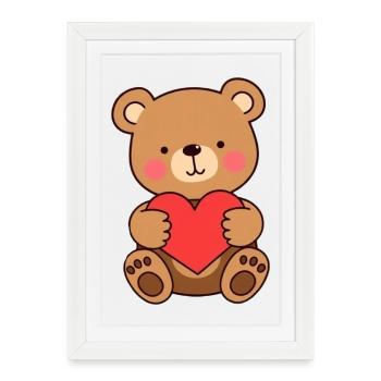 Ours au cadeau de cœur rouge - Affiche encadrée (27 × 37 cm) - blanc - Devant