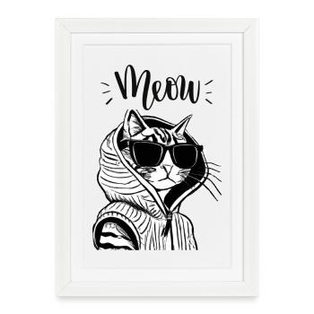 Sweat à capuche Miaou Chat avec lunettes de soleil - Affiche encadrée (27 × 37 cm) - blanc - Devant