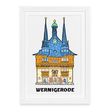 Wernigerode, Hôtel de ville, Maison à colombages Allemagne de l’Est - Affiche encadrée (27 × 37 cm) - blanc - Devant