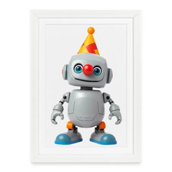 Petit robot avec un chapeau de fête - Affiche encadrée (27 × 37 cm) - blanc - Devant