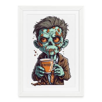 Monstre du café - Zombie caféine - Râle du matin - Affiche encadrée (27 × 37 cm) - blanc - Devant