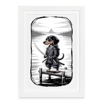 Samouraï teckel au lac - Affiche encadrée (27 × 37 cm) - blanc - Devant