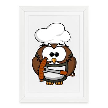 Owl on grill with food comic style - Framed poster (27 × 37 cm) - white - Front