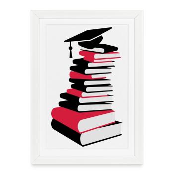 A stack of books with a mortarboard - Framed poster (27 × 37 cm) - white - Front