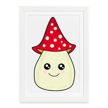 Kawaii Mushroom Toadstool cute red with face - Framed poster (27 × 37 cm) - white - Front