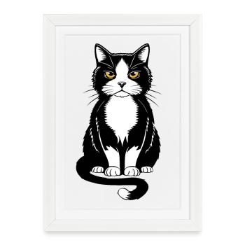 Illustration of a black and white cat with yellow eyes - Framed poster (27 × 37 cm) - white - Front