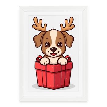 Surprise Pup - Chien en cadeau de Noël - Affiche encadrée (27 × 37 cm) - blanc - Devant