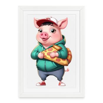 Cochon en sweat à capuche avec part de pizza - Affiche encadrée (27 × 37 cm) - blanc - Devant