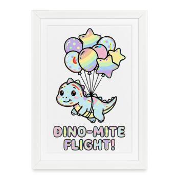 Vol Dino-Mite : ballons arc-en-ciel - Affiche encadrée (27 × 37 cm) - blanc - Devant