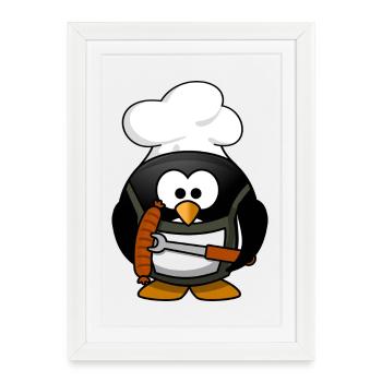 Cuisson du pingouin avec des saucisses grillées - Affiche encadrée (27 × 37 cm) - blanc - Devant