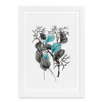 Poésie Feuille Branches Bleu-Vert - Affiche encadrée (27 × 37 cm) - blanc - Devant