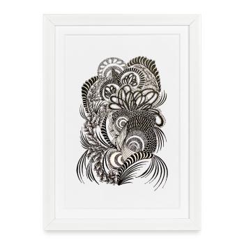 Schwarz Weißes Doodle Floralmuster - Gerahmtes Poster (27 × 37 cm) - Weiß - Vorne