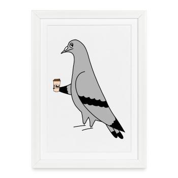 Pigeon with Coffee Cup Urban Minimal Illustration - Framed poster (27 × 37 cm) - white - Front
