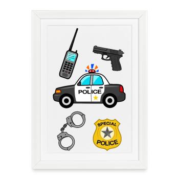 Police, police, flic, voiture de police de flic, officier - Affiche encadrée (27 × 37 cm) - blanc - Devant