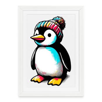 Pingouin avec bonnet d’hiver en laine - Affiche encadrée (27 × 37 cm) - blanc - Devant