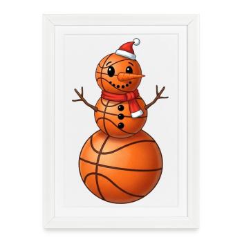Basket-ball dessin animé bonhomme de neige Sports d’hiver - Affiche encadrée (27 × 37 cm) - blanc - Devant