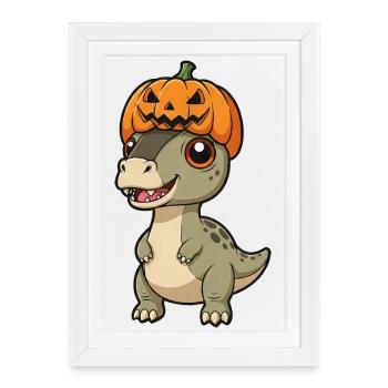 Cute Halloween Dino T-Rex with Hat and Pumpkin - Framed poster (27 × 37 cm) - white - Front
