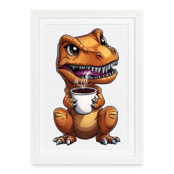 T-Rex Dino grincheux du matin avec :) café - Affiche encadrée (27 × 37 cm) - blanc - Devant
