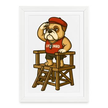 Mascotte bouledogue sauveteur sur la chaise de sauvetage - Affiche encadrée (27 × 37 cm) - blanc - Devant