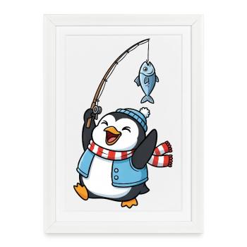 Mignon Pingouin Pêcheur Pêche Pêche - Affiche encadrée (27 × 37 cm) - blanc - Devant
