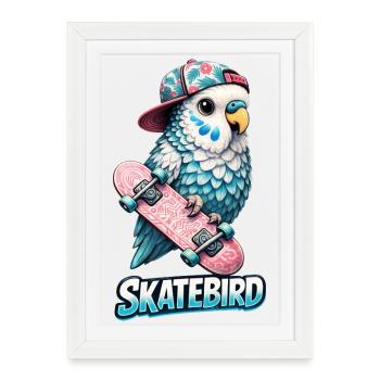 Blue Skatebird – Illustration de perroquet cool avec - Affiche encadrée (27 × 37 cm) - blanc - Devant