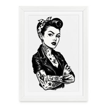Pin-up rockabilly : fille hors-la-loi des années 50 avec des tatouages - Affiche encadrée (27 × 37 cm) - blanc - Devant