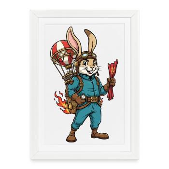 Lapin Aviateur Steampunk Montgolfière Vol - Affiche encadrée (27 × 37 cm) - blanc - Devant
