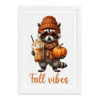 Ambiance d’automne Raton laveur avec citrouille et café - Affiche encadrée (27 × 37 cm) - blanc - Devant
