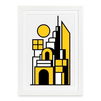 Paysage urbain abstrait en jaune noir - Affiche encadrée (27 × 37 cm) - blanc - Devant