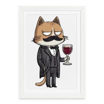 Mafia Cat with Wine | Funny cartoon illustration - Framed poster (27 × 37 cm) - white - Front