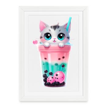Chaton Bubble Tea Pastel - Affiche encadrée (27 × 37 cm) - blanc - Devant