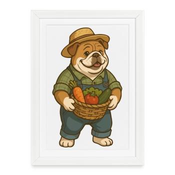 Un Fermier Bouledogue tenant un panier de légumes Dessin animé - Affiche encadrée (27 × 37 cm) - blanc - Devant